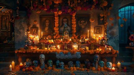 Obraz premium A high-definition photograph of a Día de los Muertos altar, covered with vibrant marigolds, sugar skulls, and colorful candles. The altar is arranged against a dimly lit rustic wall with portraits of 