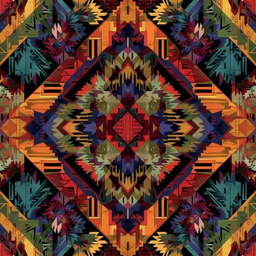 seamless ethnic pattern with vibrant colors and symmetrical geometric motifs in earthy tones