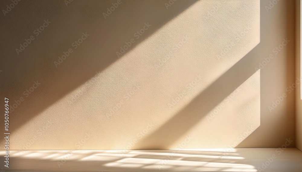 Poster Sunlit Textured Wall Background with Soft Shadows Through Window. Perfect for Minimalist Design Concepts, Interior Decor Themes, or Calm Ambient Backdrops for Product Photography
