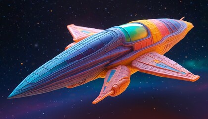 A surreal starship sculpted from colorful plasticine, featuring a translucent body and an ethereal glow that symbolizes journeys through the cosmos, Generative AI