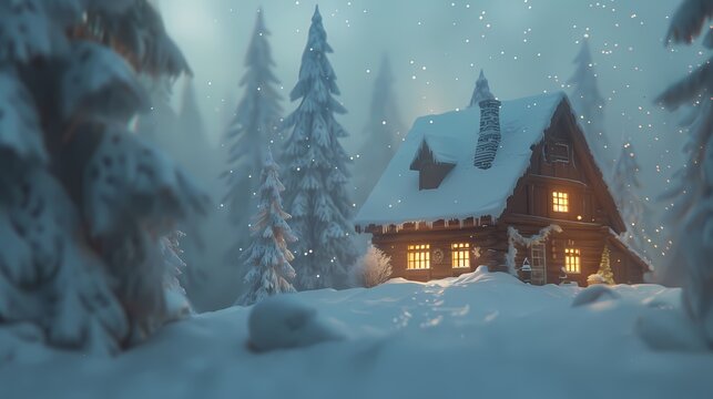 cozy snow-covered cabin in a winter forest with glowing windows at dusk