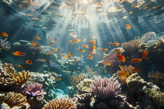 vibrant underwater scene with coral reefs and tropical fish illuminated by sunlight rays
