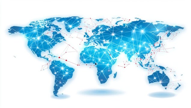 Digital Map of the World with Glowing Connections Between Cities, Representing the Global Network and Connectivity