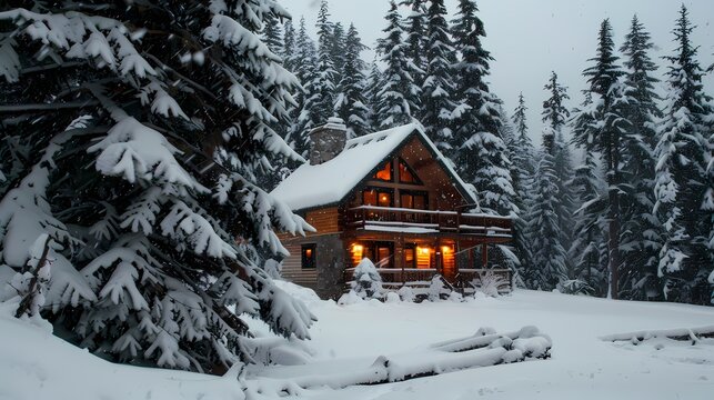 cozy cabin in snowy forest with snow-covered pine trees during winter evening