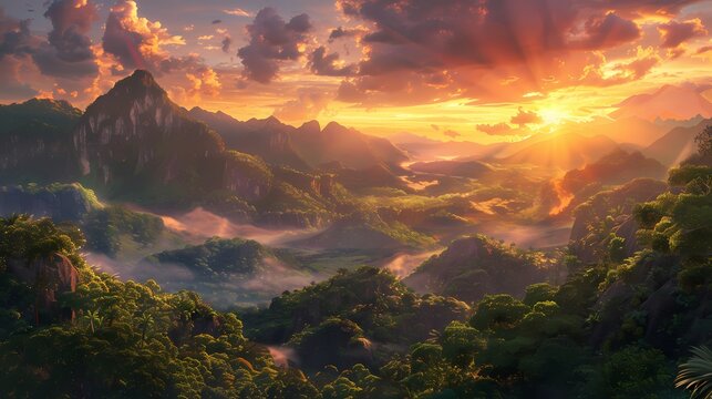 vibrant sunset over mountain range with lush forest and misty valleys