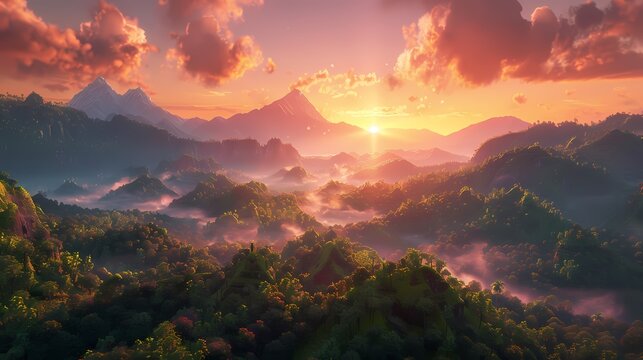 vibrant sunset over mountain range with misty forest and colorful sky
