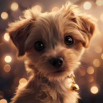 Adorable puppy portrait with bokeh lights and fluffy fur detail