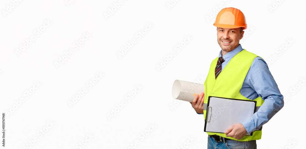 Poster Building Plan. Architect Holding Project Papers And Folder Smiling To Camera Standing On White Studio Background.