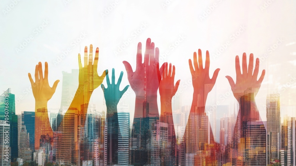 Poster A dynamic representation of diverse leadership, showing a series of hands from different backgrounds raising a shared flag in front of a cityscape, Symbolizing unity and leadership through diversity
