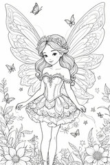 Fototapeta premium Whimsically Enchanting Fairy with Delicate Wings and Floral Patterns - Fantasy Coloring Page