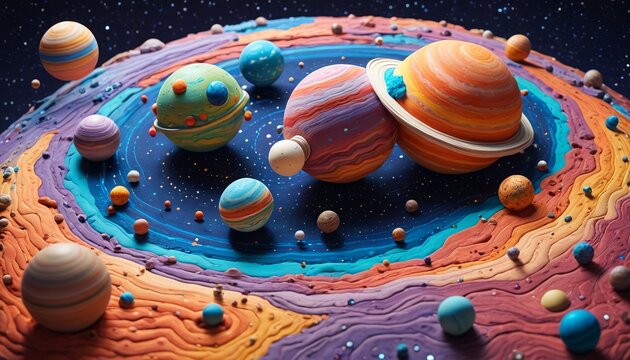 A dreamlike intergalactic map crafted from colorful plasticine, showcasing fantastical planets and star systems that invite exploration and adventure, Generative AI