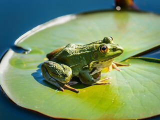 Close-up of a little green frog sitting on a water lily leaf in a pond