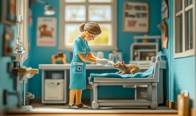 Obraz premium Dollhouse scene with a nurse tending to a patient.