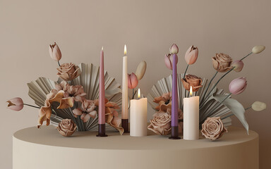 Romantic candles and flowers in soft pink and purple tones  create a cozy and inviting ambiance for a special occasion   