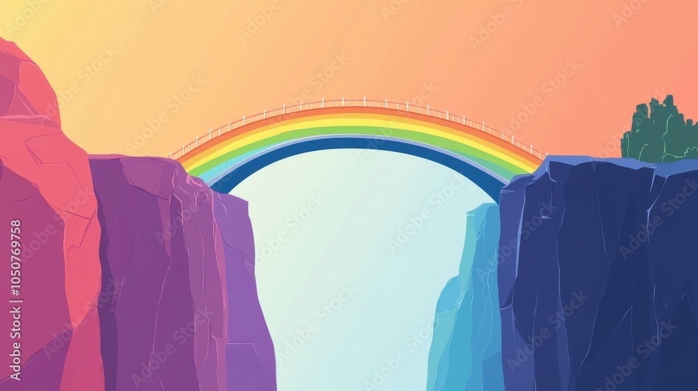Poster A dynamic scene of a rainbow-colored bridge spanning across a chasm, connecting two contrasting landscapes, Symbolizing the connection and support provided by diversity and inclusion efforts