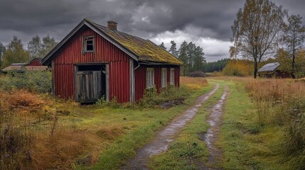 Obraz premium An abandoned red house in a rural landscape under a cloudy sky.