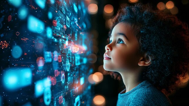 A young protector child ensuring the safety of digital assets, with advanced cybersecurity tools and interfaces around