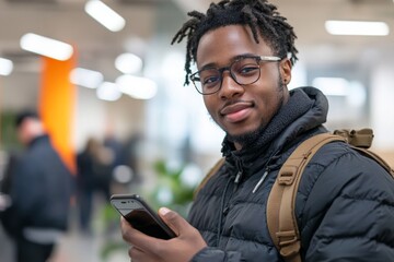 Man recommending a mobile phone in an office, Generative AI