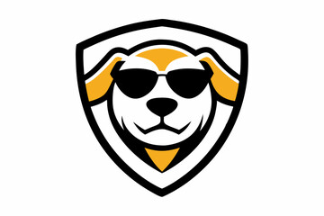 Dog head mascot with sunglasses vector logo design vector illustration with shield on white.