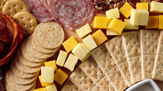 Top view of a cheese platter, charcuterie board, rotating view
