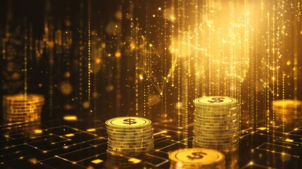 Obraz premium A digital representation of stacked coins with glowing effects, symbolizing wealth and finance.