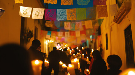 Candlelit procession with papel picado during Las Posadas.