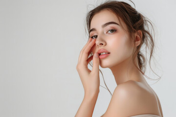 Elegant beauty portrait of young woman with flawless skin and graceful pose. The concept of beautiful healthy skin and care