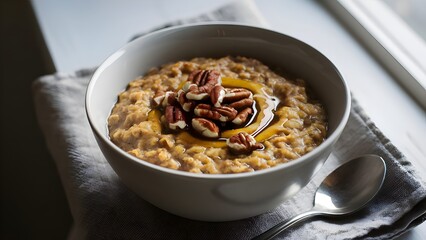 Warm pumpkin spice oatmeal with pecans and maple syrup in cozy setting