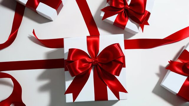 Gift box wrapped with red bow on white table, top view