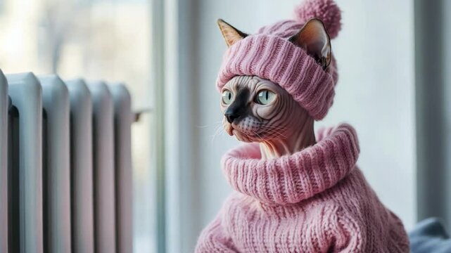 A sphynx cat dressed in a pink sweater and matching hat enjoys the warmth of the radiator, looking cozy and content indoors