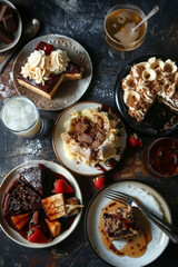 Delectable dessert assortment for cookbook cover: cakes, tarts, and sweet beverages