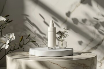 Product photo of white elegant cosmetic bottle on marble podium with shadowy floral accents for beauty and design themes