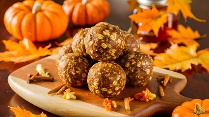 Healthy pumpkin spice energy ball with oats and fall decor