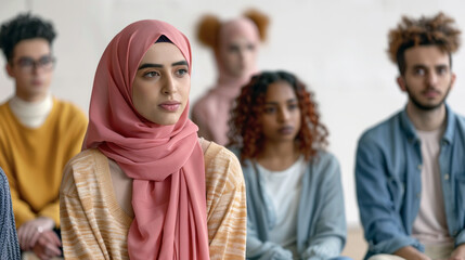 Obraz premium Young Muslim woman in a hijab with a thoughtful expression participating in a seminar, surrounded by other attendees.