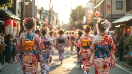 Japanese Women in Kimono Walking Through a Street