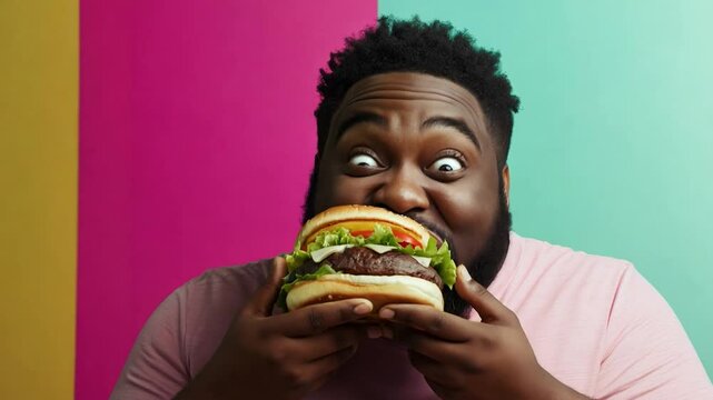 Black man takes a big bite of a delicious burger, eating junk food with excitement in a colorful setting