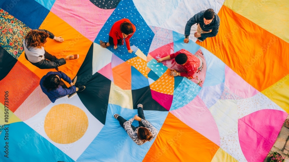 Poster a dynamic visual of a large, colorful quilt being stitched together by people from various cultural 