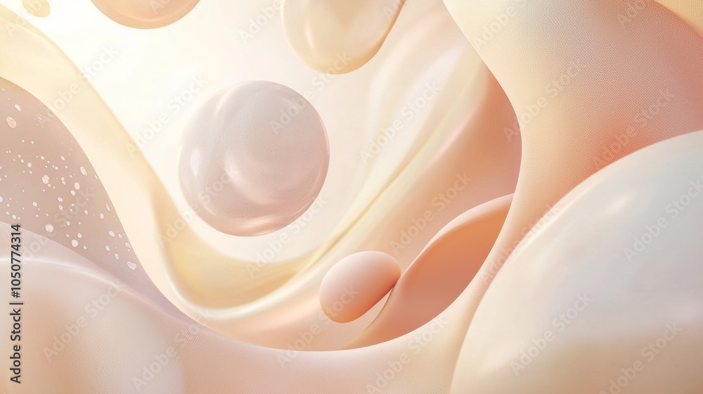 Poster smooth, pastel-colored fluid shapes float and mix gently, creating a calming and elegant abstract ba