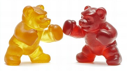 two gummy bears fighting in boxing gloves, isolated on white