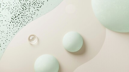 Minimalist abstract background featuring pastel green and beige hues, incorporating spheres, a droplet, and a textured surface, creating a serene and modern composition