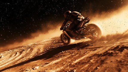 A futuristic motorcycle speeds across Mars, leaving red dust trails.