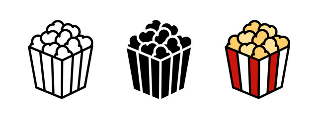 Popcorn icon. Cinema snack symbol. Pop corn bucket vector illustration. Movie snack sign. Crunch sticks pictogram. Striped popcorn pack concept. © Chelpanoff