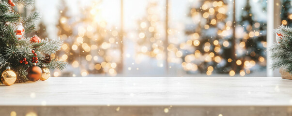 Empty white wold table top with abstract warm living room decor with christmas tree string light blur background with snow,Holiday backdrop,Mock up banner for display of advertise product.