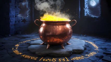 Copper Cauldron Overflowing with Yellow Potion on Stone Slab in Abandoned Castle with Glowing Runes