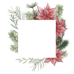 Watercolor Christmas wreath. Winter frame with , fir-tree branch, cones, poinsettia.Hand drawn vintage illustration on white background