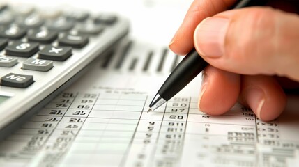 A hand holds a pen over a spreadsheet, a calculator sits in the background, ready to help with calculations.