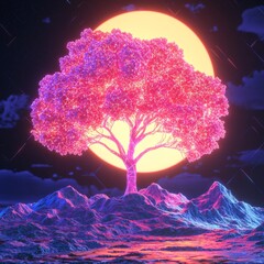 Fototapeta premium A neon-lit tree stands in a retro futuristic landscape under a glowing moon.