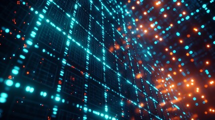 Fototapeta premium Retro technology, digital landscapes, synthwave aesthetics, and the 80s era are represented in this futuristic and nostalgic grid background, which features glowing neon blue and orange lines.