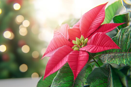 Poinsettias with a blurred background and space for text. One of the most traditional Christmas flowers.