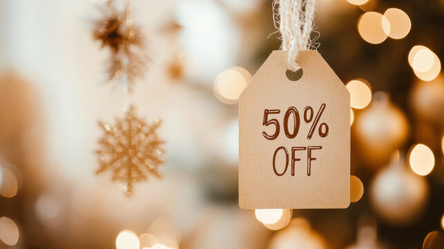Kraft tag with letters 50% off on beige Christmas background with golden bokeh